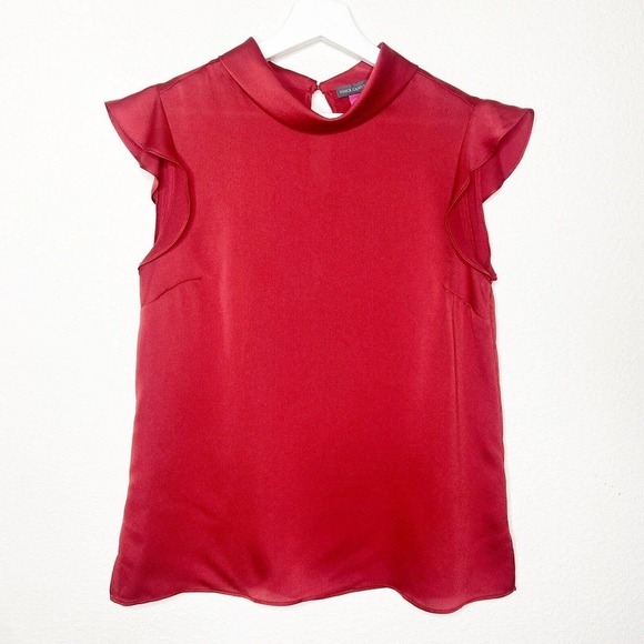 VINCE CAMUTO Ruffle Flutter Sleeve Mock Neck Merlot Blouse XS - Picture 2 of 8